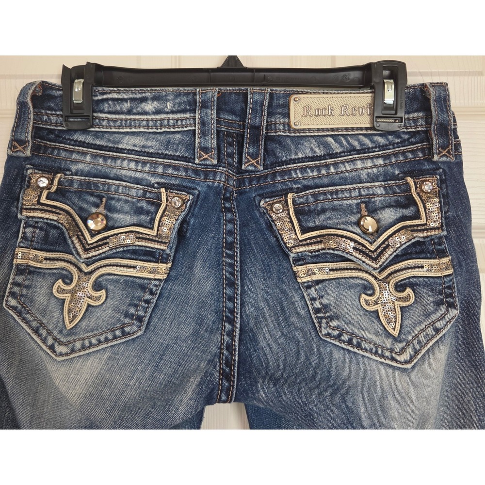 Rock Revival Posey Easy Boot Cut Jeans Size 27 Sequin Fleur De Lis Y2K Bling